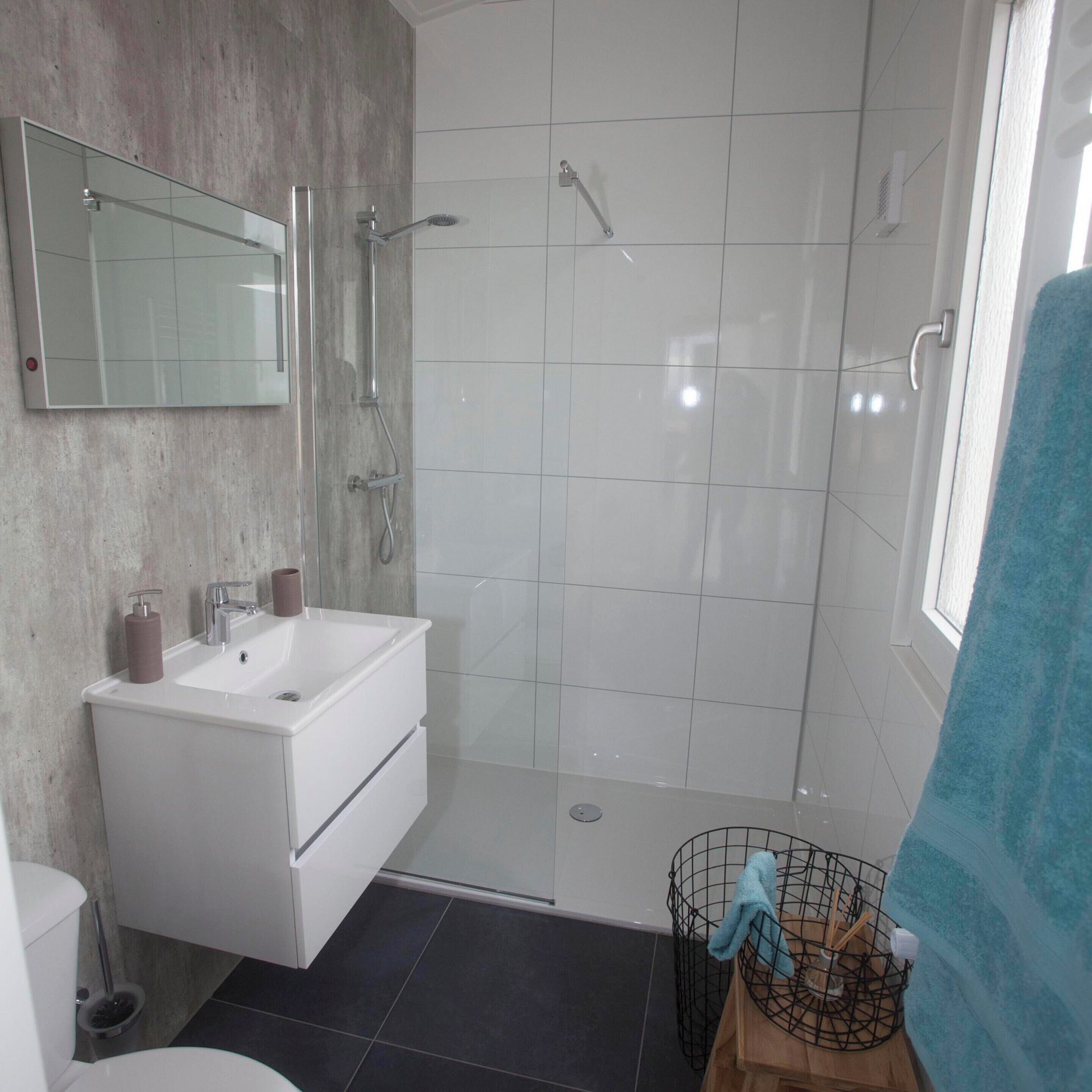 A modern bathroom with a glass-enclosed shower, a white sink, and a mirror above it.