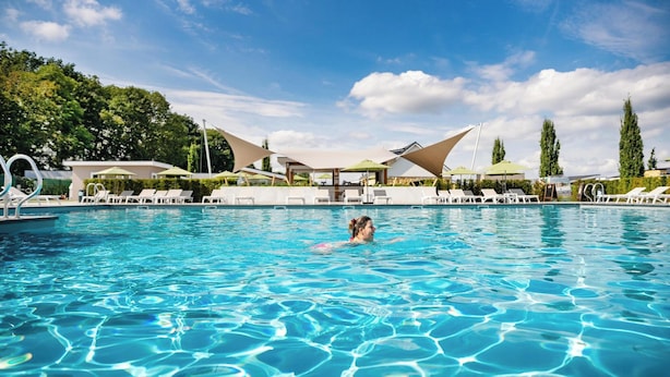 A swimming pool with lounge chairs and umbrellas, surrounded by greenery and a clear sky. - Holiday Home in Bemelen Near Nature Reserve (Bemelen)