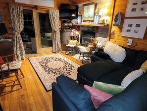 Smart TV, fireplace, DVD player, books