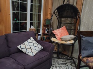 Smart TV, fireplace, DVD player, books