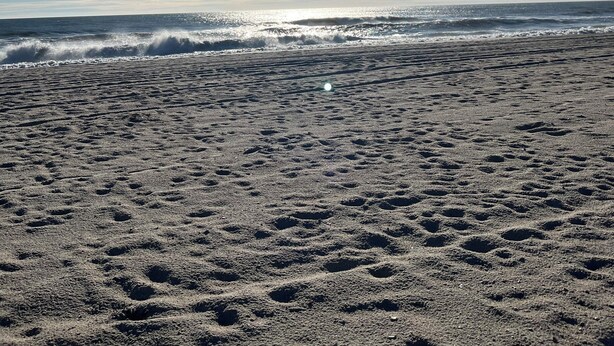 A beach with footprints in the sand and waves crashing onto the shore. -  Newly Renovated 3-Bedroom House in Surf City - Pet Friendly (Surf City)