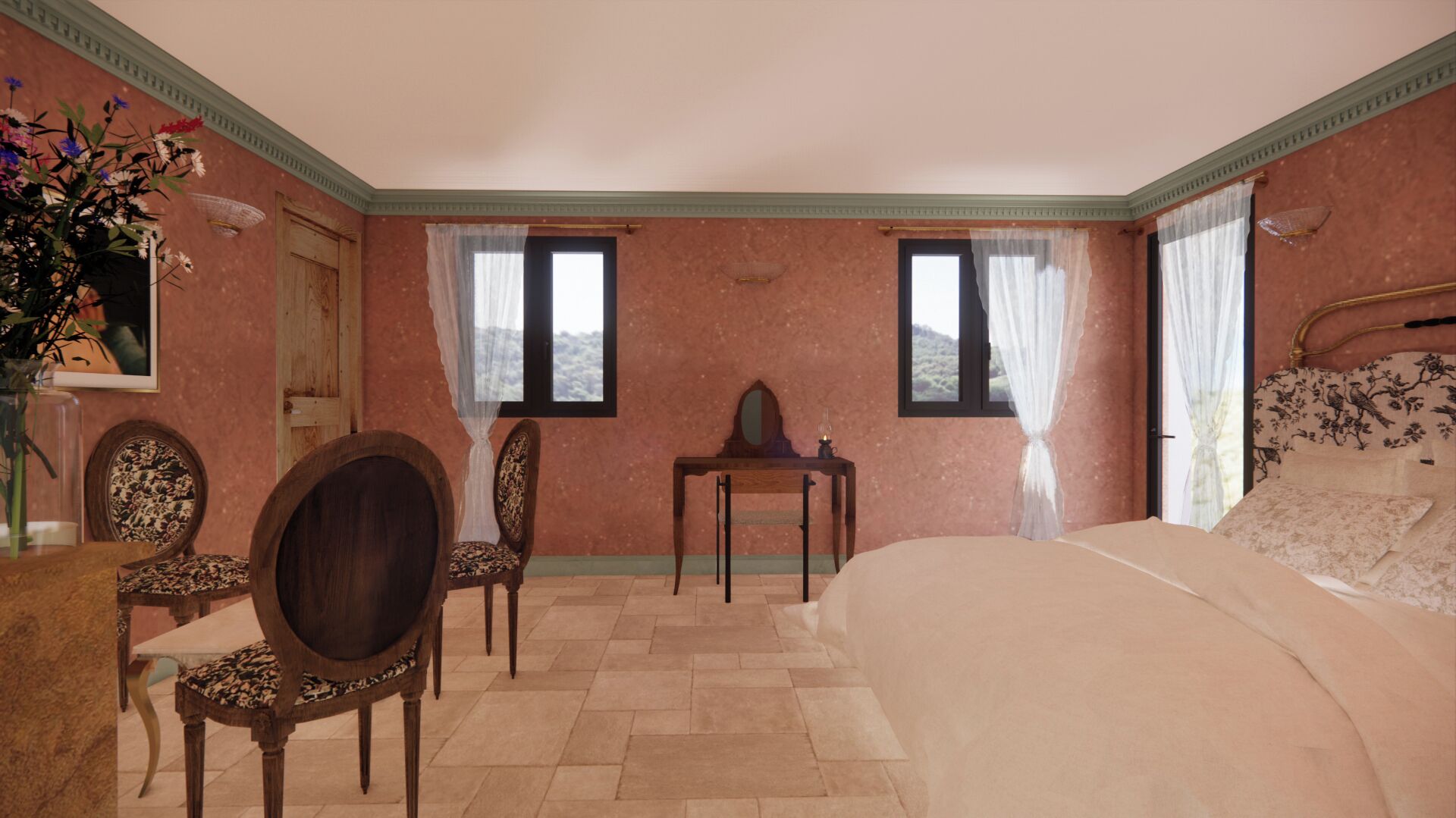 A bedroom with a large bed, two chairs, a small table, and a mirror. There are two windows with curtains, a vase with flowers, and a wall-mounted lamp.