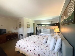 1 bedroom, desk, iron/ironing board, travel cot