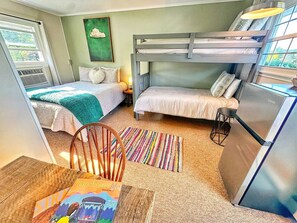 1 bedroom, desk, iron/ironing board, travel cot
