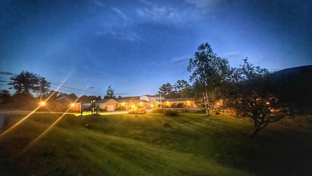 A residential area with houses and a well-lit driveway at dusk.