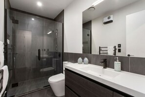 Secadora de cabello, toallas, papel de baño 