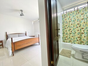 Shower, towels, soap, toilet paper