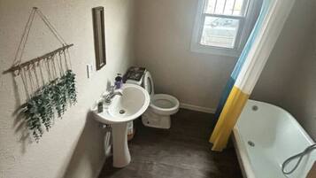 Hair dryer, towels, soap, toilet paper