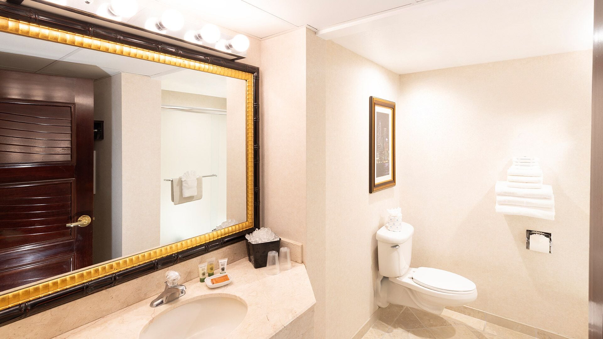 Une salle de bain avec un grand miroir, un lavabo avec des articles de toilette, des toilettes et un tableau encadré au mur.