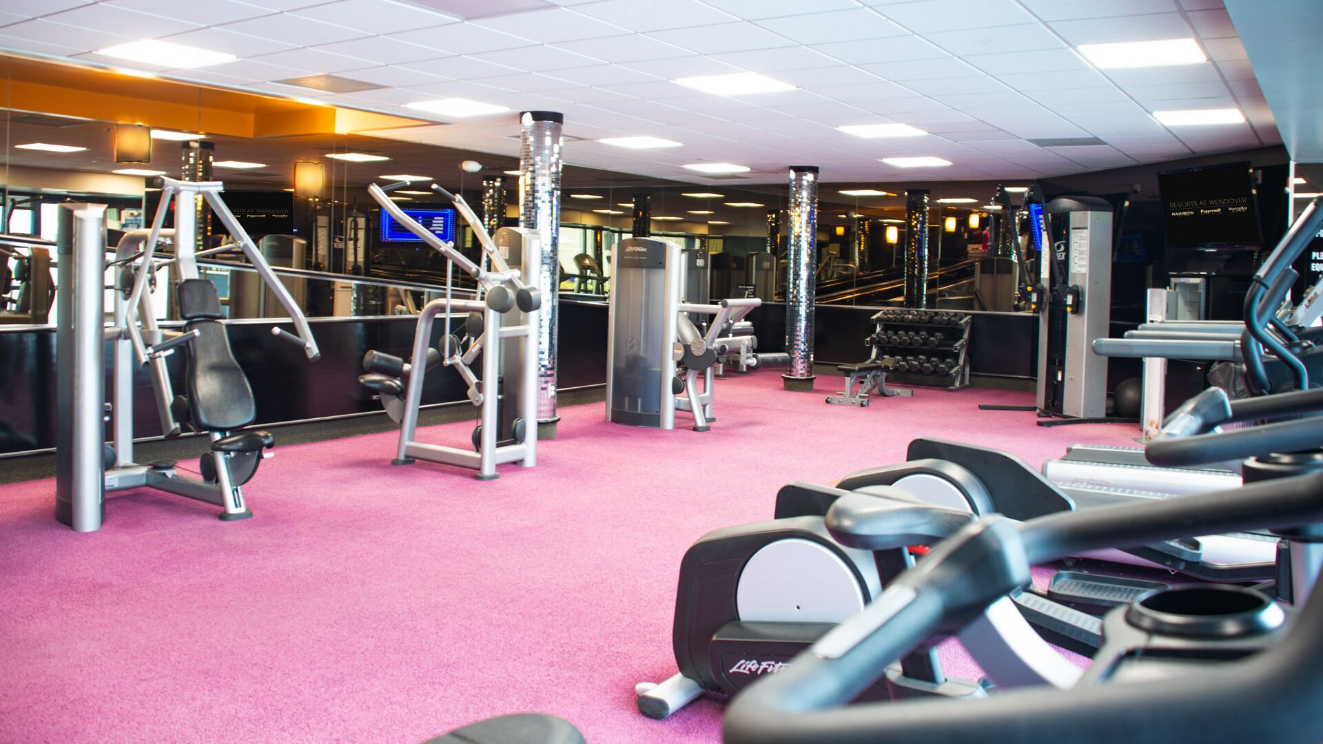 Un gimnasio con diversos equipos de ejercicio, incluyendo cintas de correr y máquinas de pesas, sobre un piso alfombrado en color rosa.