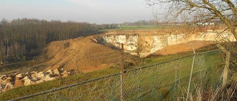 A fenced area with a steep cliff and a forest in the background.