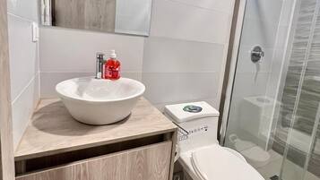 Chuveiro, toalhas de banho, sabonete, papel higiênico