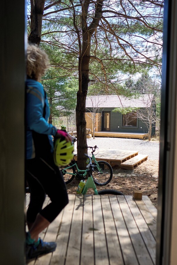 A wooden deck with a bicycle and a person holding a helmet.