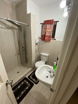 Shower, towels, soap, toilet paper