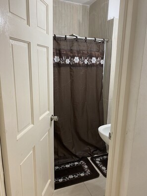 Shower, towels, soap, toilet paper