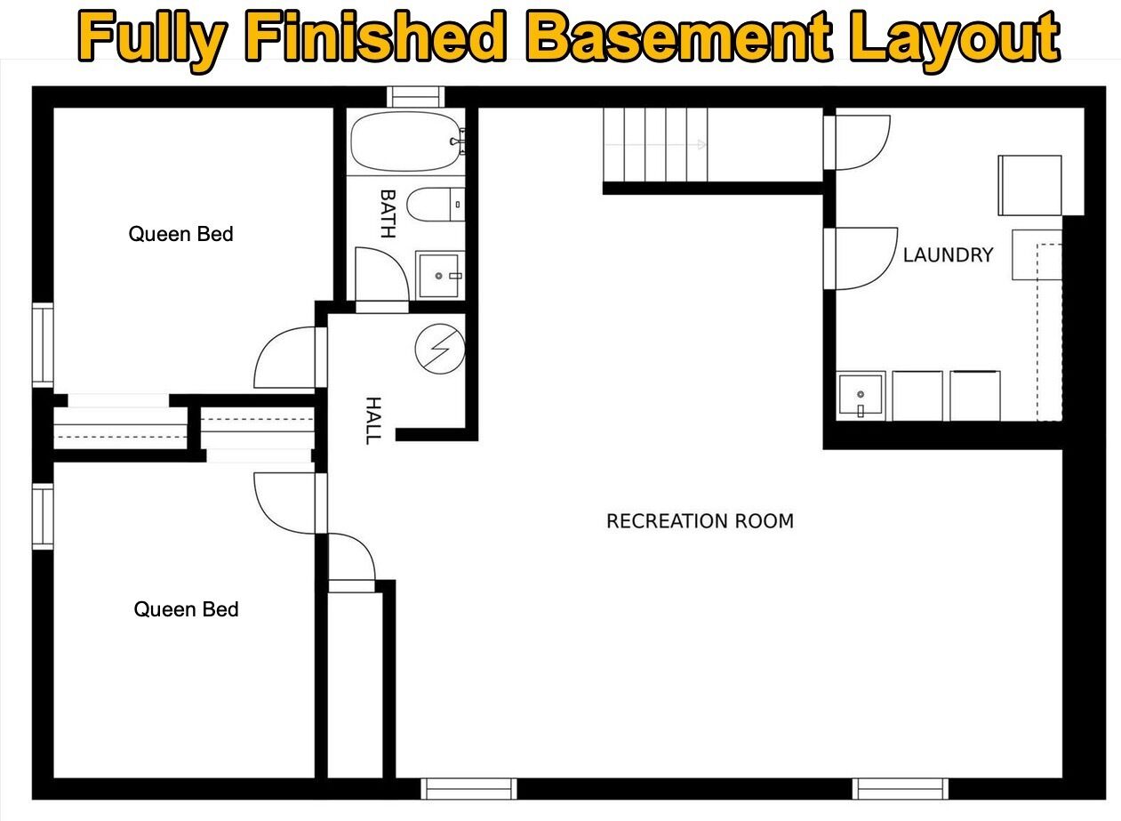 A fully finished basement layout with two queen beds, a bathroom, a hall, a laundry area, and a recreation room.