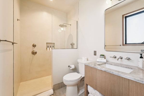 A modern bathroom with a glass-enclosed shower, a toilet, and a vanity with a mirror. - Offshore Montauk (Montauk)