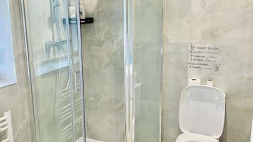 Hair dryer, towels, soap, toilet paper