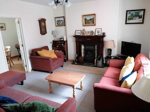 Télévision, cheminée, livres, chaîne hi-fi