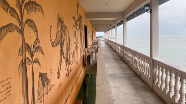 Un corridoio con un murale raffigurante elefanti e palme, che conduce a un balcone con vista sul mare.