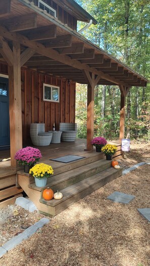 A wooden cabin with a covered porch, wicker furniture, and potted flowers.