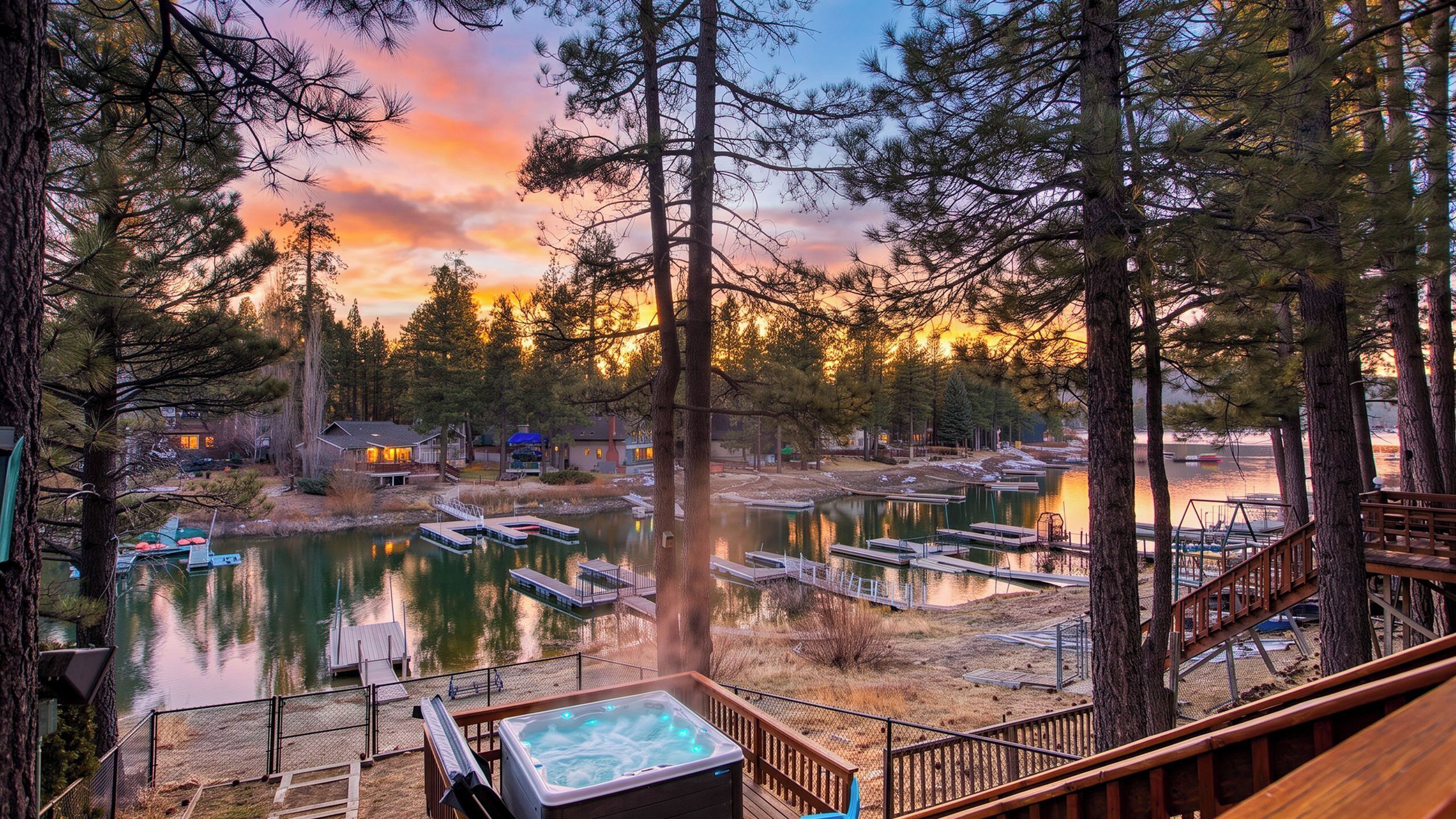 A lakeside property with a hot tub, docked boats, and a forested area.