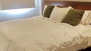 A neatly made bed with white linens and a wooden headboard, a window with a blind, and a light-colored floor. - Beautiful apartment for rent Great location close to the beach, walking distance (Playa del Carmen)