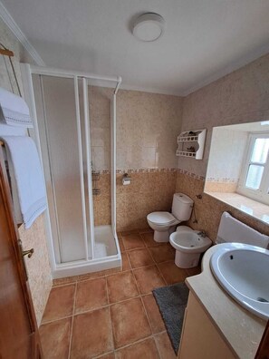 Shower, hair dryer, bidet, towels