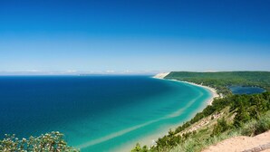 A coastal landscape with a clear view of the ocean, a sandy beach, and a forested area.