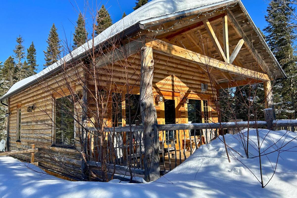 Une cabane en rondins dotée d’un porche couvert et d’un toit enneigé, entourée d’arbres.