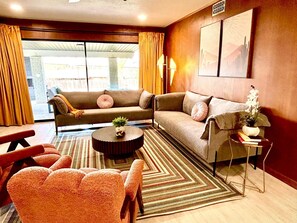 Smart TV, fireplace, video games, books