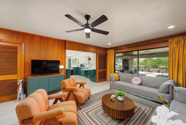 Smart TV, fireplace, video games, books