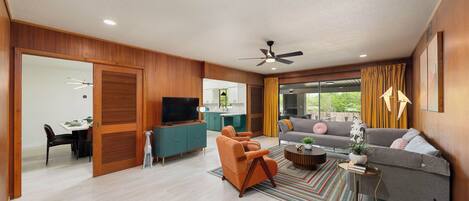 TV connectée, cheminée, jeux vidéo, livres