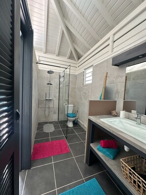 Douche, sèche-cheveux, serviettes fournies, papier toilette