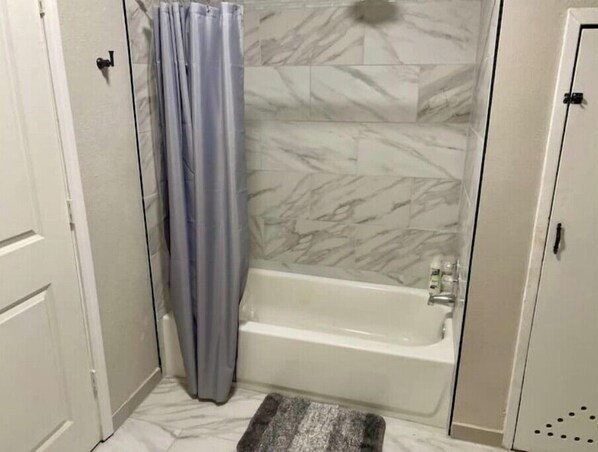 Hair dryer, towels, soap, toilet paper