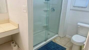 Hair dryer, towels, soap, shampoo