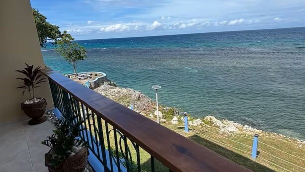 A balcony with a view of the sea, potted plants, and a railing.