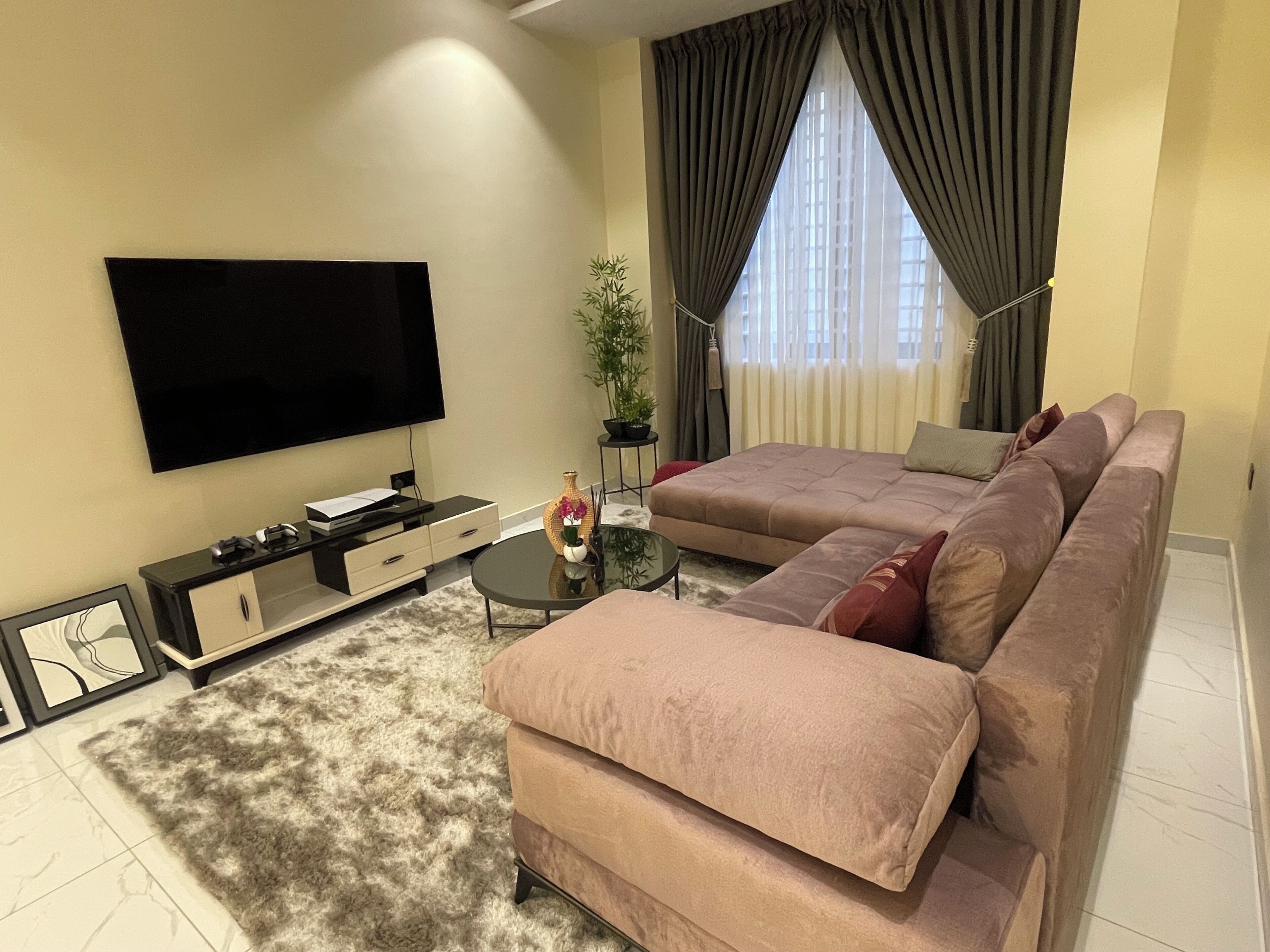 A modern living room with a flat-screen TV, a sofa, a coffee table, and a potted plant.