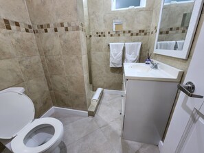 Douche, serviettes fournies, savon, papier toilette