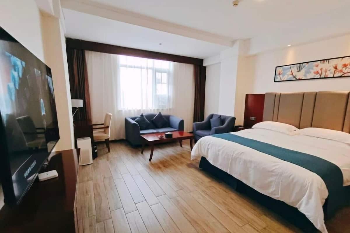 A hotel room with a bed, a sofa, a TV, and a desk.