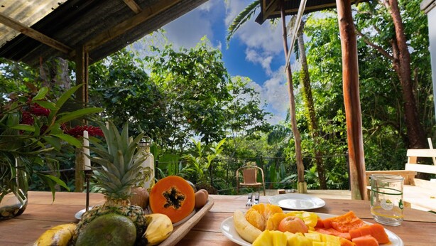 A wooden table with a fruit platter, a pineapple, and a half-cut papaya. - Private cabin with stunning views & home-cooked meals (Provincia de Puntarenas)