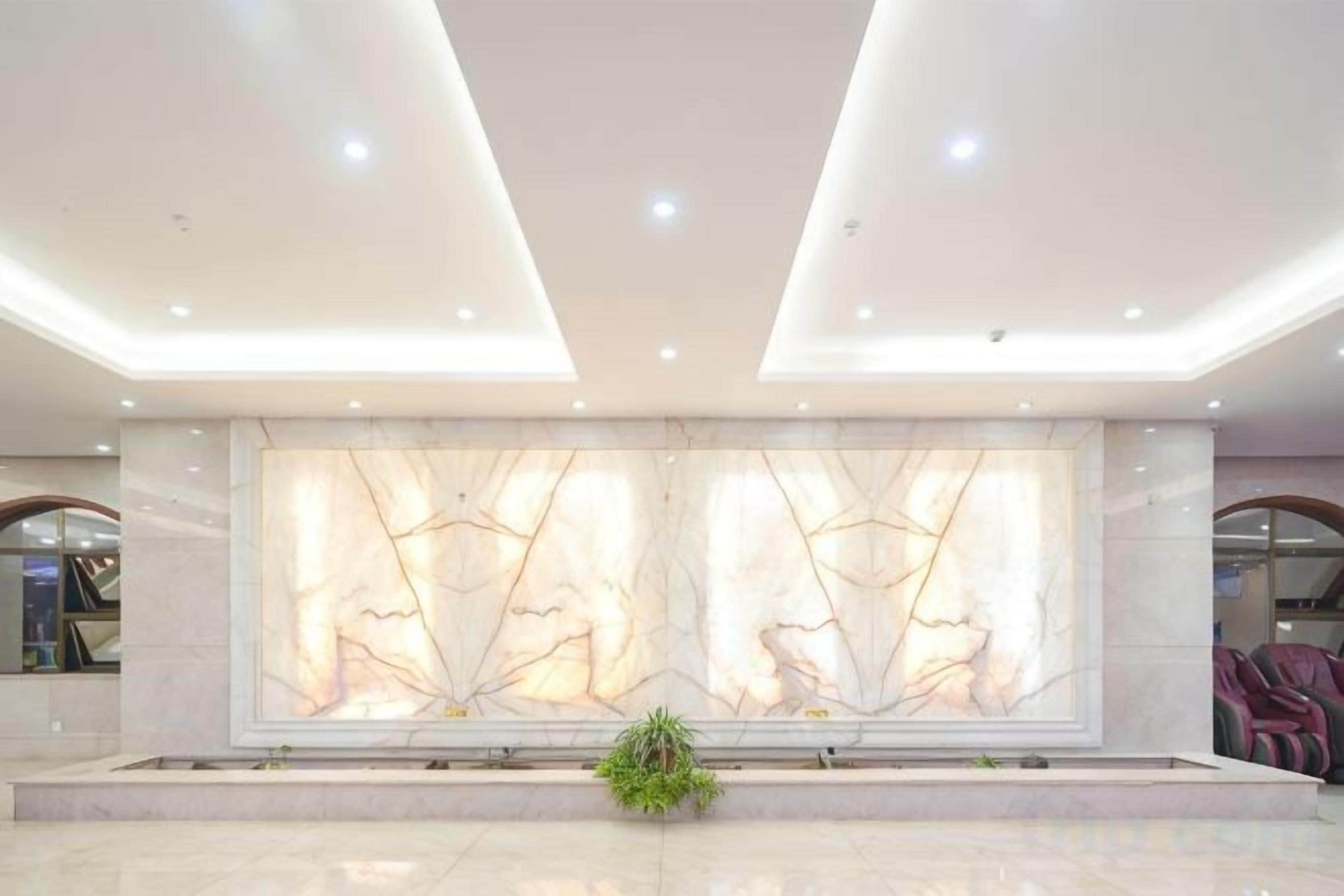 Un vestíbulo con pared de mármol, iluminación empotrada y una planta.
