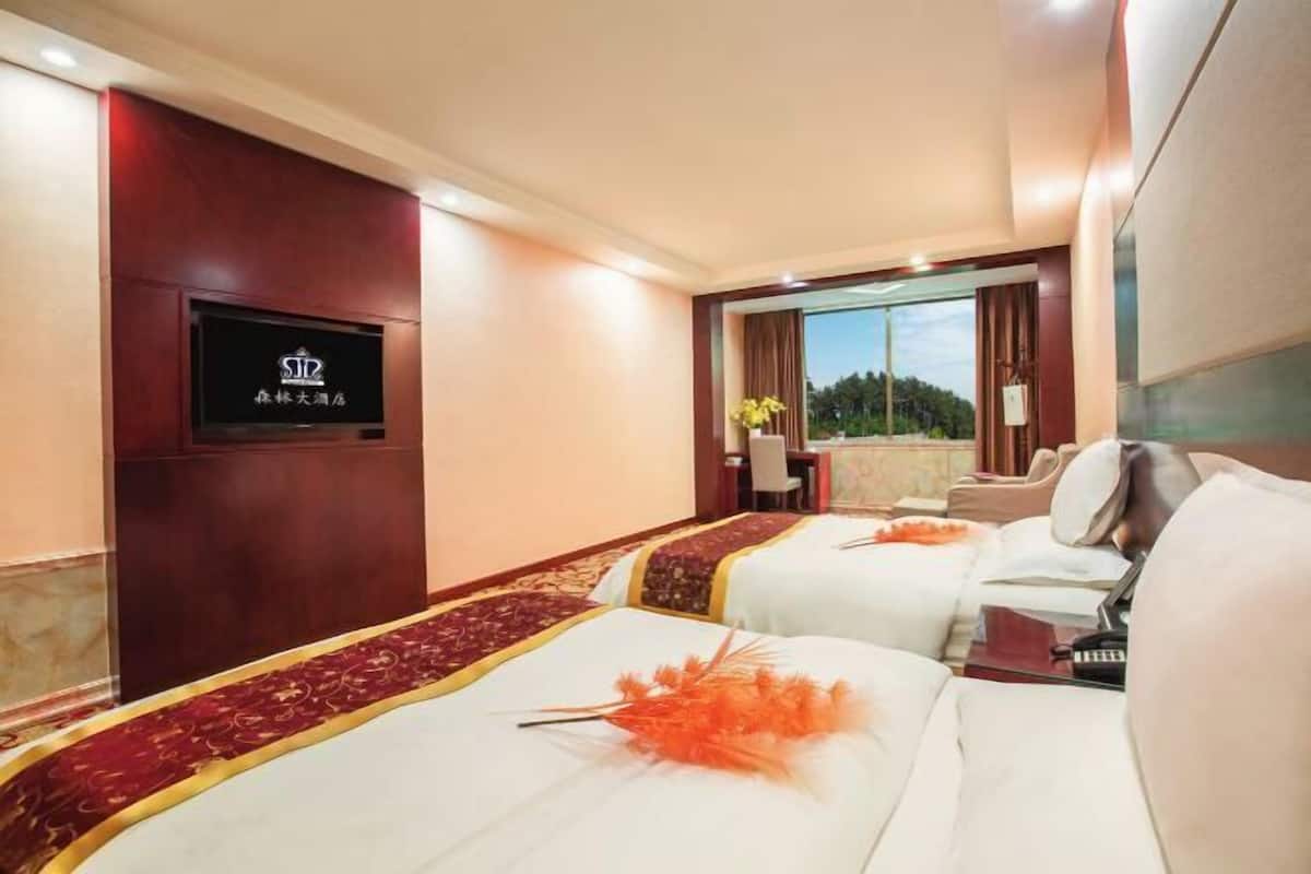 A hotel room with two beds, a TV, a desk with a laptop, and a view of the outdoors.