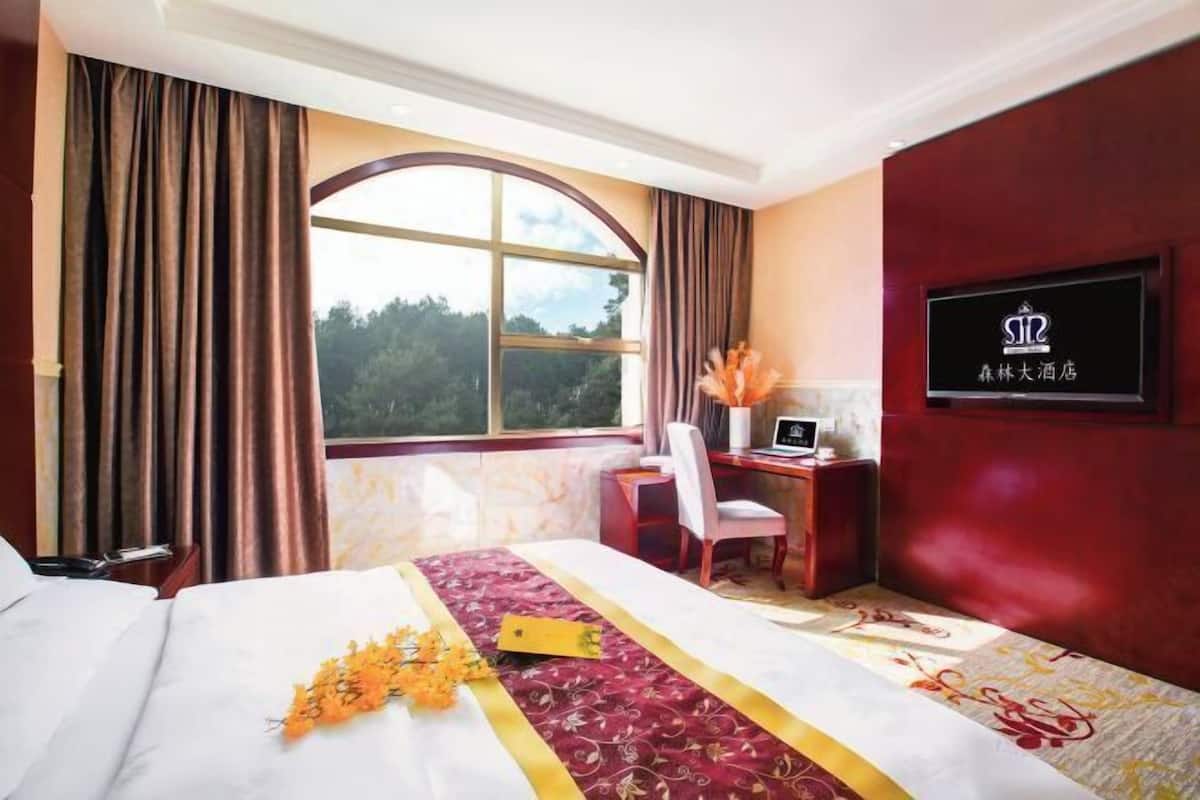 A hotel room with a large bed, a desk with a computer, a chair, and a TV on the wall.