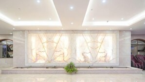 Un hall d’entrée avec un mur en marbre, un éclairage encastré et une plante.