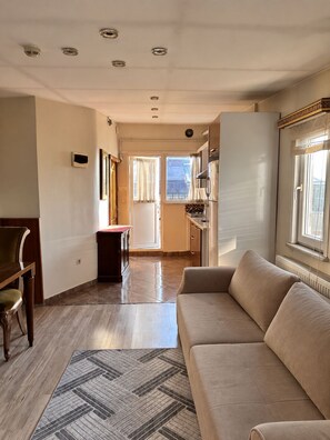 A living room with a sofa, a dining table, and a kitchen area with a refrigerator and cabinets.