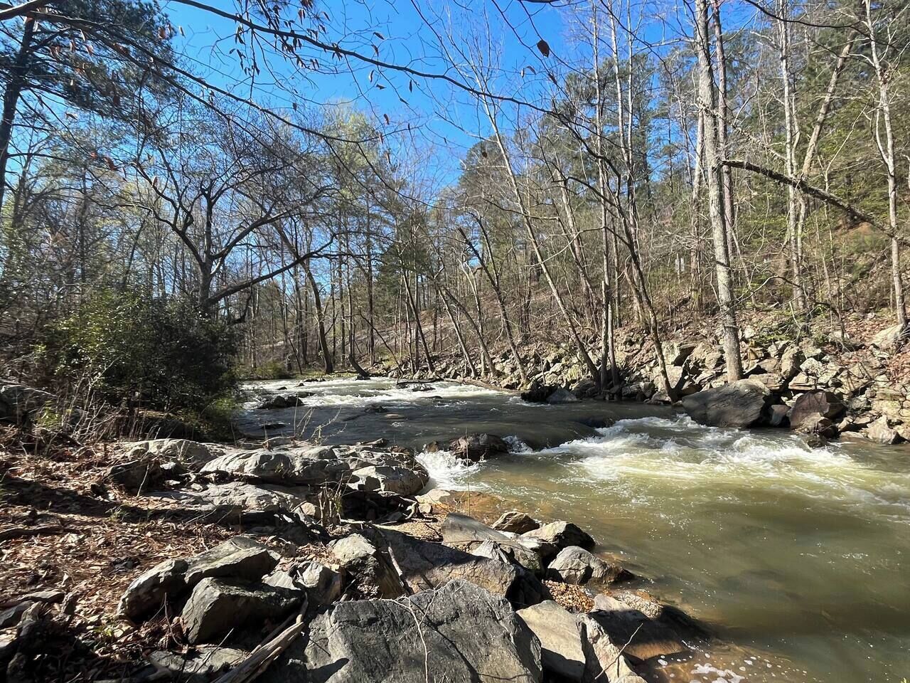 Un río serpenteando por un área boscosa con rocas y árboles.