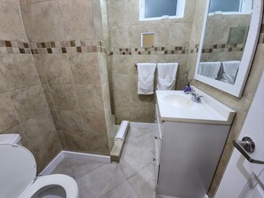 Shower, towels, soap, toilet paper