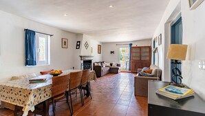 A spacious living area with a dining table, chairs, and a sofa. There is a fireplace, a large cabinet, and a lamp.