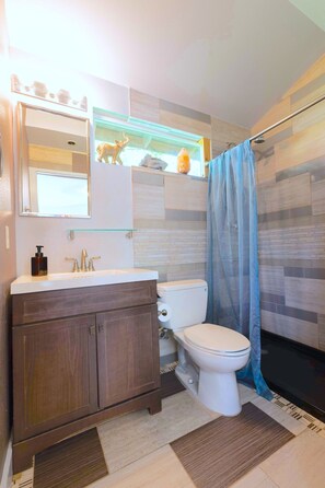 Hair dryer, towels, soap, shampoo